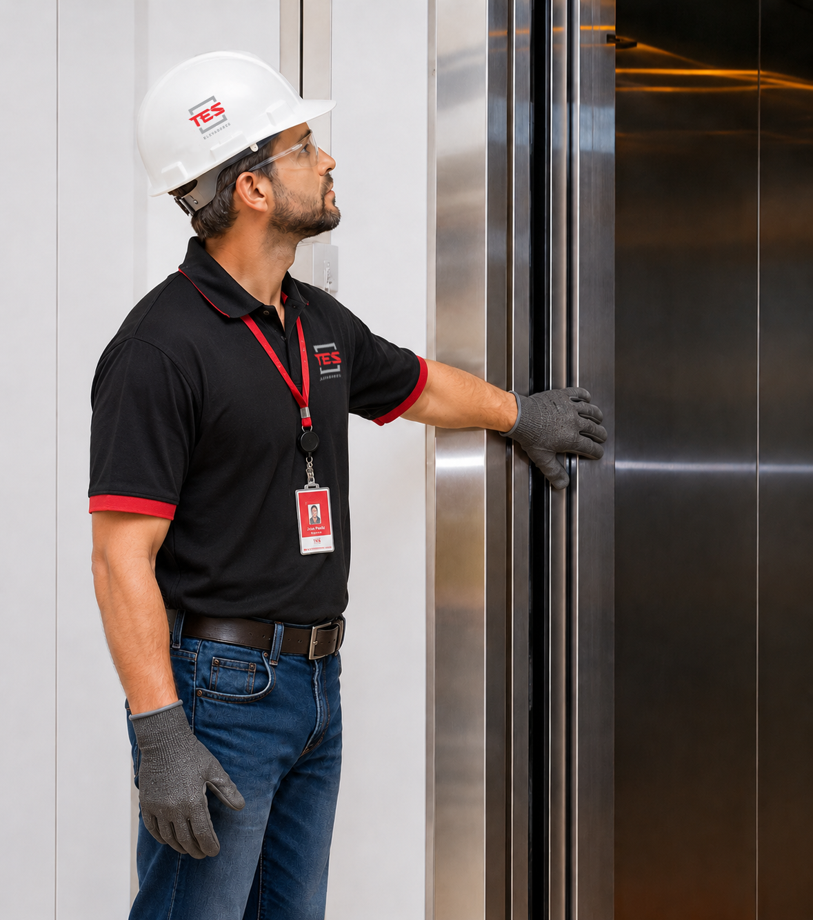 Técnico TES Elevadores realizando manutenção em campo
